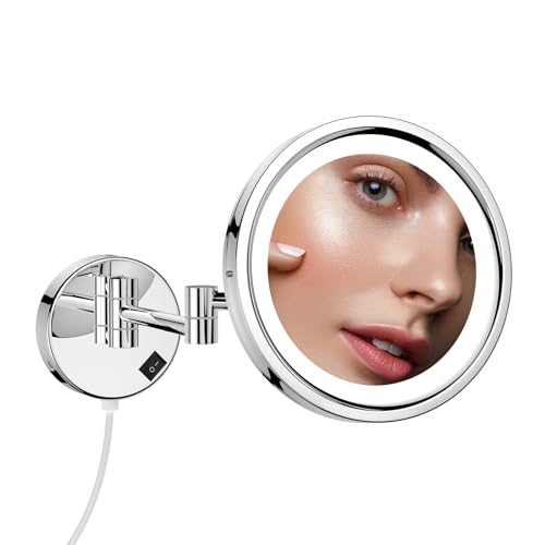 DOWRY Schminkspiegel mit Beleuchtung,10x vergrößerungsspiegel Wandmontage,3 LED Farben Lichtern kosmetikspiegel, Rasierspiegel für Badezimmer, Ø25CM,Chrom von DOWRY