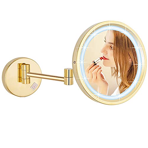 DOWRY Kosmetikspiegel mit Beleuchtung Wandmontage Gold Schminkspiegel mit 7X Vergrößerung 3 Farben Lichtern Vergrößerungsspiegel mit Licht für Bad,Hotel,Ø21.5 cm von DOWRY