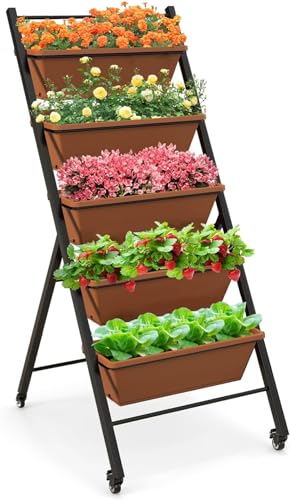 Vertikales Hochbeet mit 5 Etagen,Garden Vertikalbeet mit 5 senkrechten Etagen,Vertikalbeet mit Rollen, Blumentreppe aus Metall, Gemüsebeet Blumenkasten für Balkon Garten-Braun||57 x 74 x 127 cm von DOYEFZQC