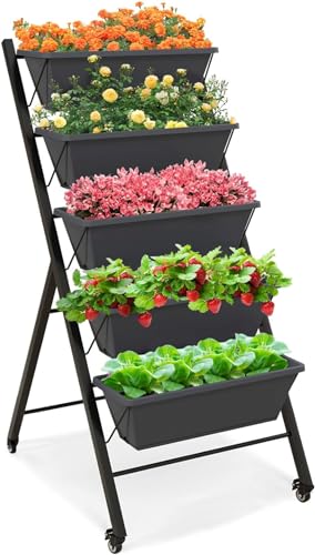 Vertikales Hochbeet mit 5 Etagen,Garden Vertikalbeet mit 5 senkrechten Etagen,Vertikalbeet mit Rollen, Blumentreppe aus Metall, Gemüsebeet Blumenkasten für Balkon Garten-Schwarz||57 x 68 x 117 cm von DOYEFZQC