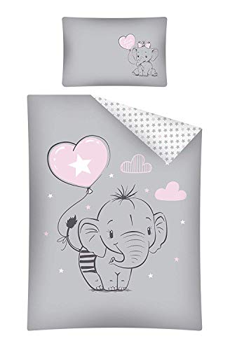 Baby Bettwäsche Set 2tlg. Elefant Rosa/Grau 100% Baumwolle Größe: 100x135 cm, 40x60 cm, ÖkoTex Standard 100 (29301A) von DP