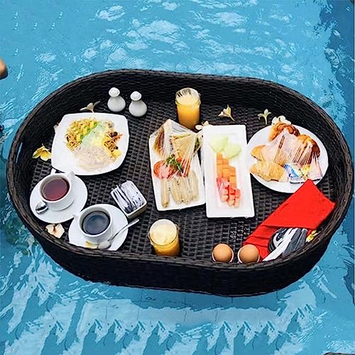 DPDZSW Tray Floating Rattan,Swimming Pool Floating,Oval Tablett Rattan,Rattan Gewebtes Serviertablett Schwimmendes Frühstückstablett Im Außenpool,Black von DPDZSW