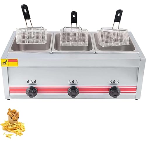 Professionelle Gasfritteuse, 10L/20L/30L Gasfritteusentank, Hähnchenchips-Fritteuse Aus Edelstahl Mit Korb Und Deckel Für Die Gewerbliche Restaurant-Heimküche,Triplecylinder10L+10L+10L von DPDZSW