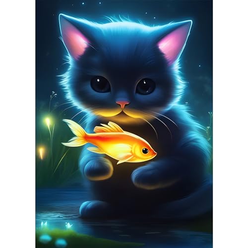 DPHERO Katze Diamant Painting Bilder für Erwachsene Kinder,5D Glühende Katze Diamond Painting Set,DIY Strass Bilder Fisch Diamant Kunst Kits,Runde Steine Diamant Painting für Zuhause Dekor 30x40 cm von DPHERO