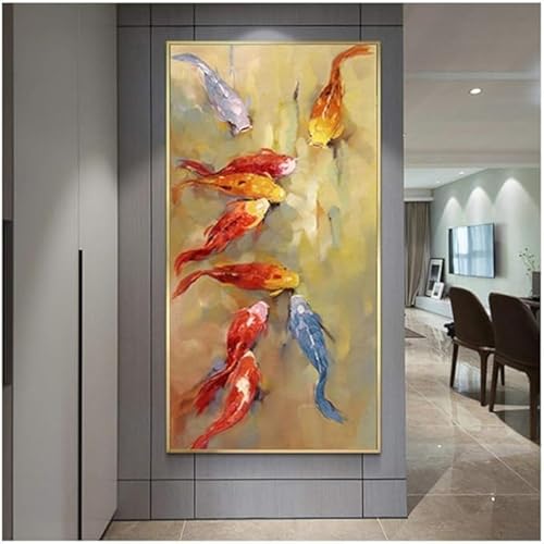 DPKHDS Gemaltes Landschaftsölgemälde, Neun Koi-Fische, Wandbild, Leinwand-Goldfisch-Bild, Für Heimdekorationsdrucke – 30 X 100 Cm, Ohne Rahmen von DPKHDS