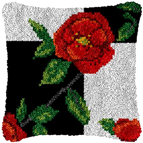 DPKHDS Schwarz-Weiß-Gitter, Rotes Ros-Kissen, Überwurfkissen Für Diy-Klapphaken-Kits, Bedruckte Leinwand, Handarbeiten, Kunsthandwerk, Teppich-Kit, 43 X 43 Cm von DPKHDS