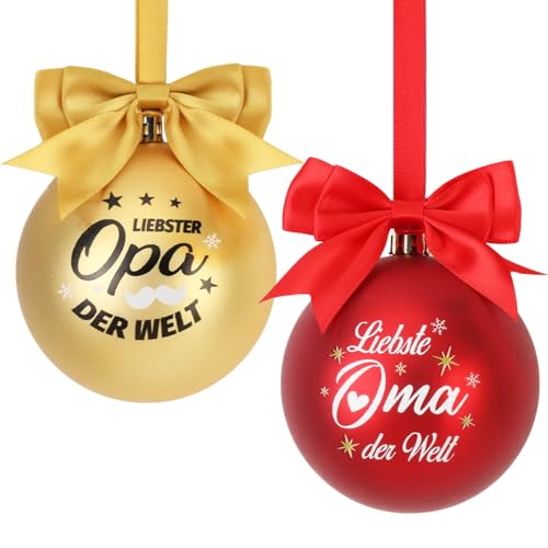 DPKOW 2 x Oma Opa Weihnachtskugeln Geschenke, Liebster Opa Liebste Oma der Welt Weihnachtskugeln aus Kunststoff, Enkelkinder Geschenke für Oma und Opa Christbaumkugel, Rot Gold 80 mm Bruchsicher von DPKOW