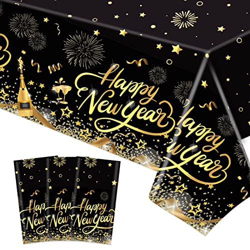 DPKOW 3 Stück 2026 Silvester Tischdecke Schwarz Gold Einweg Plastik Tischdecke Silvester Deko Happy New Year 2026 Deko, 274 x 130 cm von DPKOW