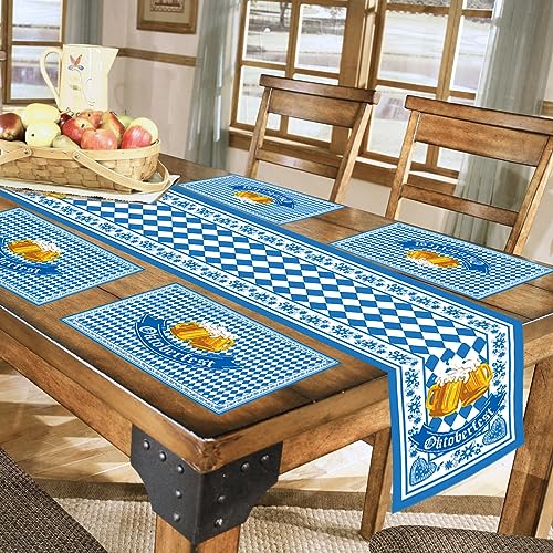 DPKOW 5er Oktoberfest Tischläufer Tischset Set, Blau Weiß Waschbar Bayrisch Tischdecke Platzsets Oktoberfest Esstischdekoration drinnen und draußen für Bierfest Party Dekorationszubehör, Stoff von DPKOW