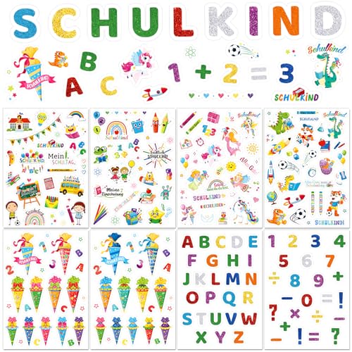 DPKOW 600+ Sticker Einschulung Streudeko 2025 Schulkind Aufkleber Einschulung Schuleinführung ABC Zahlen Schultüte Aufkleber Einhorn Schutzengel Meerjungfrau Sticker Dino Fußball Deko Schulkind von DPKOW
