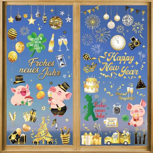 DPKOW 9 x Glücksbringer Silvester Fensterbilder Frohes neues Jahr Fensteraufkleber, Neujahr Fensterbilder Selbstklebend für 2026 Silvester Deko Fenster Hause Neujahr Deko Fenstersticker Silvester von DPKOW