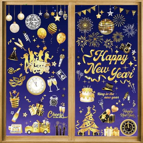 DPKOW 9 x Happy New Year Fensterbilder Neujahr Fensteraufkleber Silvester Fensterbilder Selbstklebend für 2025 Silvester Deko Neujahr Fenstersticker, Fensterdeko Silvester Zimmer Hause Deko von DPKOW