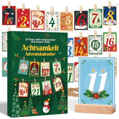 DPKOW Achtsamkeitskalender 2025 Adventskalender Achtsamkeit Karten mit Sprüche für Spirituelle Selbstliebe Motivation Sprüche Adventskalender zum Aufhängen mit Clips Fäden Holzfuß von DPKOW
