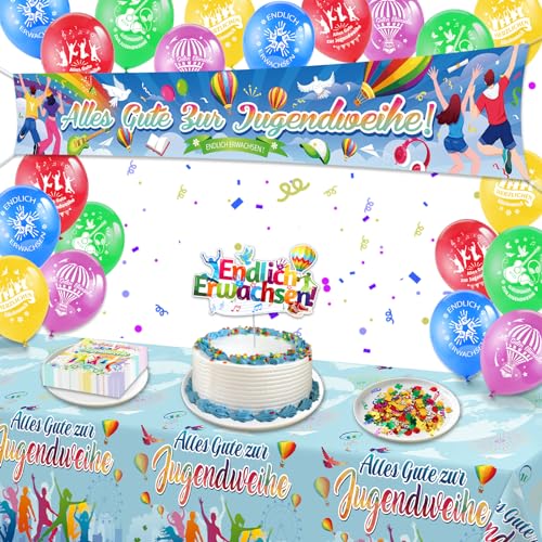 DPKOW Bunt Jugendweihe Party Set Deko Mädchen Jungen, Alles Gute zur Jugendweihe Banner Luftballons Tischdecke Servietten JUGENDWEIHE Tortendeko Konfetti Tischdeko Zubehör von DPKOW