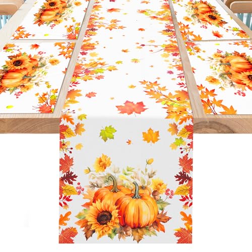 DPKOW Herbstdeko, Herbst Tischläufer Tischset Stoff Herbst Tischdeko, Waschbar Herbst Tischdecke Tischset Herbstblätter Kürbis Tischläufer Platzsets, Herbst Esstischdeko Herbstblätter Kürbis, 5 STK von DPKOW