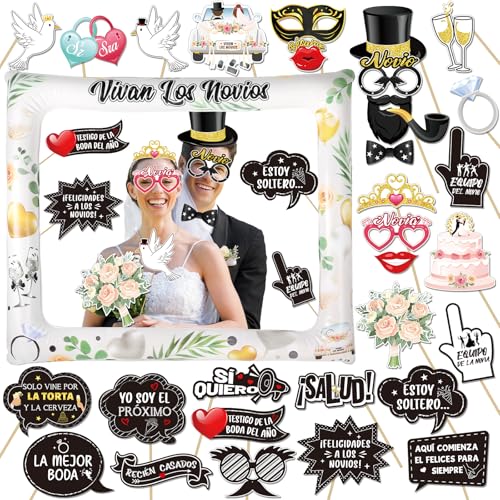 DPKOW Photocall Boda Español 31Pcs Accesorios Photocall Boda Foto Props Fotomaton + Marco de Fotos Hinchable Fotocoll de Boda para Decoración de Fiesta Boda von DPKOW