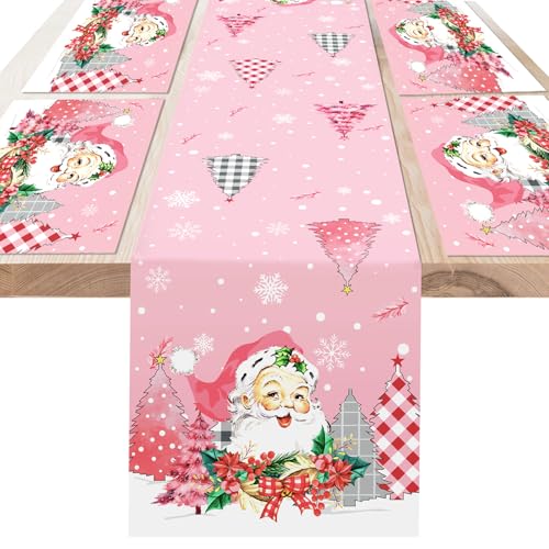 DPKOW Rosa Weihnachts Tischläufer Platzsets, rosa Weihnachtstisch Deko Weihnachtsmann Tischläufer Weihnachten Tischsets Platzdeckchen, Rosa Weihnachten Tischdecke, Weihnachten Esstischdeko Heimdeko von DPKOW