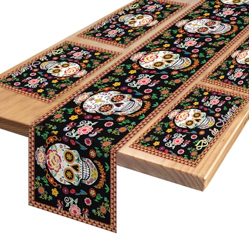 DPKOW Tag der Toten Tischläufer Platzsets, Dia de Los Muertos Deko Halloween Tischläufer Dia de Los Muertos Tischsets Zuckerschädel Tischläufer Schwarz Tag der Toten Deko Tisch Hause Halloween von DPKOW