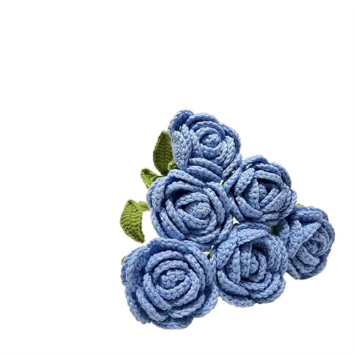 DPSQQ Häkelblumen, gestrickte Blumen, handgefertigte gestrickte Rosen-Kunstblumen, geflochtene Kunstblumen, Häkelstrauß, Dekoration, Tischdekoration, gestrickte Blumen (6 Stück rot)(6pcs Blue) von DPSQQ