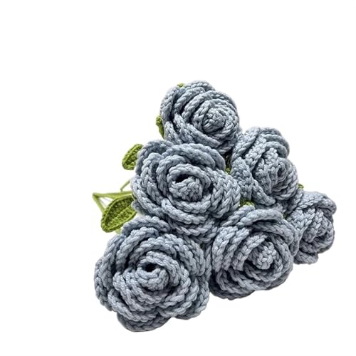 DPSQQ Häkelblumen, gestrickte Blumen, handgefertigte gestrickte Rosen-Kunstblumen, geflochtene Kunstblumen, Häkelstrauß, Dekoration, Tischdekoration, gestrickte Blumen (6 Stück rot)(6pcs Blue1) von DPSQQ