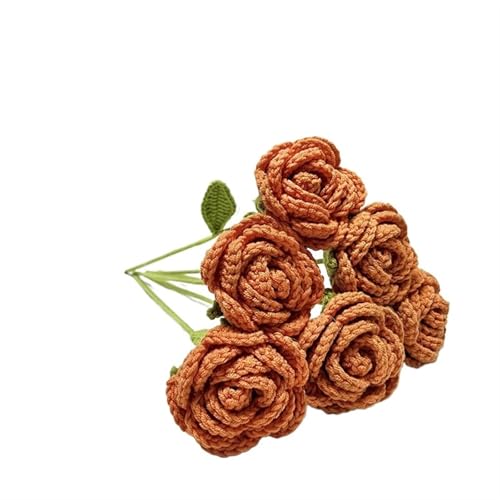 DPSQQ Häkelblumen, gestrickte Blumen, handgefertigte gestrickte Rosen-Kunstblumen, geflochtene Kunstblumen, Häkelstrauß, Dekoration, Tischdekoration, gestrickte Blumen (6 Stück rot)(6pcs Orange) von DPSQQ