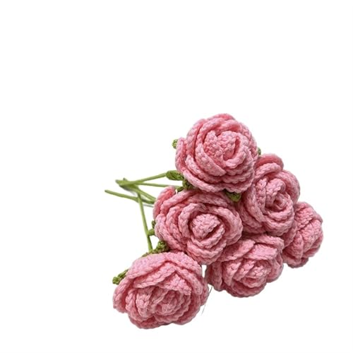 DPSQQ Häkelblumen, gestrickte Blumen, handgefertigte gestrickte Rosen-Kunstblumen, geflochtene Kunstblumen, Häkelstrauß, Dekoration, Tischdekoration, gestrickte Blumen (6 Stück rot)(6pcs Pink) von DPSQQ