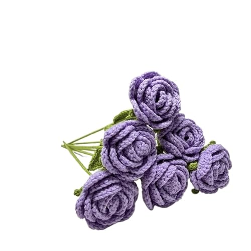 DPSQQ Häkelblumen, gestrickte Blumen, handgefertigte gestrickte Rosen-Kunstblumen, geflochtene Kunstblumen, Häkelstrauß, Dekoration, Tischdekoration, gestrickte Blumen (6 Stück rot)(6pcs Purple) von DPSQQ