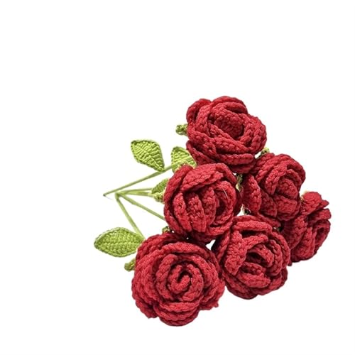 DPSQQ Häkelblumen, gestrickte Blumen, handgefertigte gestrickte Rosen-Kunstblumen, geflochtene Kunstblumen, Häkelstrauß, Dekoration, Tischdekoration, gestrickte Blumen (6 Stück rot)(6pcs Red) von DPSQQ
