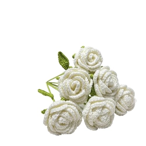DPSQQ Häkelblumen, gestrickte Blumen, handgefertigte gestrickte Rosen-Kunstblumen, geflochtene Kunstblumen, Häkelstrauß, Dekoration, Tischdekoration, gestrickte Blumen (6 Stück rot)(6pcs White) von DPSQQ