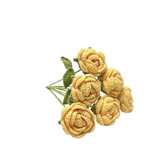 DPSQQ Häkelblumen, gestrickte Blumen, handgefertigte gestrickte Rosen-Kunstblumen, geflochtene Kunstblumen, Häkelstrauß, Dekoration, Tischdekoration, gestrickte Blumen (6 Stück rot)(6pcs Yellow) von DPSQQ