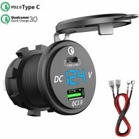 USB-C-Autoladegerät, 12 V/24 V, QC 3.0, 64 W, doppelte wasserdichte Steckdose mit LED-Voltmeter für Auto, Motorrad, Boot von DPZO