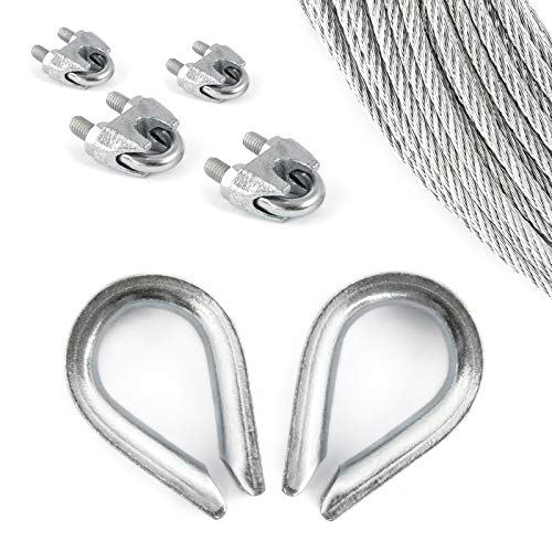 10m DRAHTSEIL SET 8mm 6x19+FC + 4 x SEILKLEMMEN 8mm DIN 741 + 2 x KAUSCHE 8mm verzinkt Stahlseil Forstseil Windenseil Seil Draht Stahl für Drahtseil Seilöse Seil mit Öse Drahtseilklemmen Drahtseil Drahtseilklemme Klemme Anschlagseil von Seiletech.de