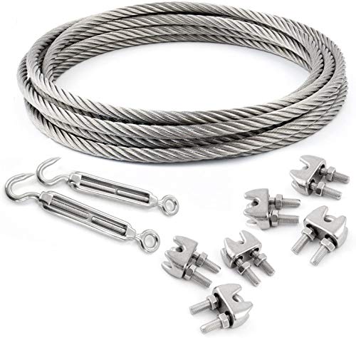 20m EDELSTAHLSEIL SET 3mm 7x7+6 x SEILKLEMMEN V4A+2 x SPANNSCHLOSS HAKEN - ÖSE Stahlseil Inox VA Seil Rostfrei Kauschen Spannschraube Klemmen Spanner von DQ-PP