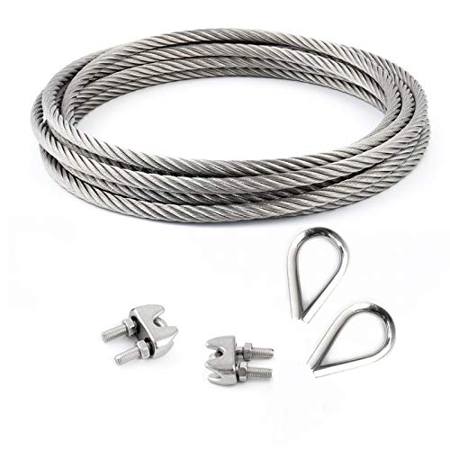 DQ-PP STAHLSEIL SET | 4mm | 10m | 2 x Seilklemmen Bügel 4mm | 2 x Kauschen 4mm | Edelstahl INOX | 7x19 weich | Drahtseil für Rankhilfe Rostfrei Seil Stahl Draht Forstseil Windenseil Spannseil Geländerseil von DQ-PP