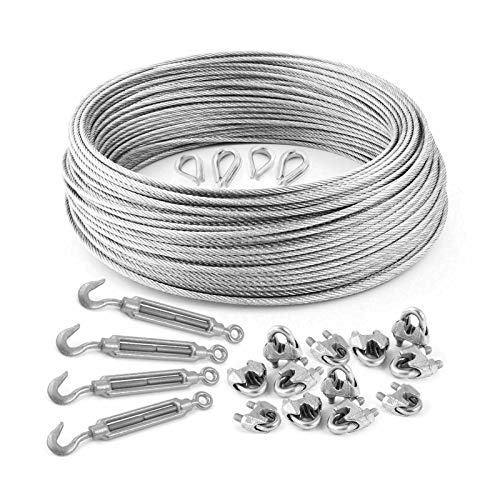 DQ-PP | GALVANISED WIRE ROPE KIT | 8 milimeters | 100 meters | 6x19 strand | Zinced steel cable | Clamp x12 | Thimble x4 | Eye-Hook Turnbuckle x4 von DQ-PP