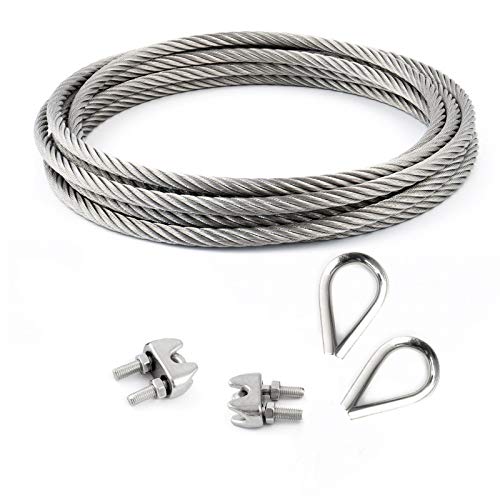 DQ-PP STAHLSEIL SET | 3mm | 10m | 2 x Seilklemmen Bügel 3mm | 2 x Kauschen 3mm | Edelstahl INOX | 7x19 weich | Drahtseil für Rankhilfe Rostfrei Seil Stahl Draht Forstseil Windenseil Spannseil Geländerseil von DQ-PP
