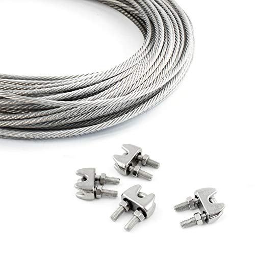 DQ-PP STAHLSEIL SET | 4mm | 10m | 4 x Seilklemmen Bügel 4mm | Edelstahl INOX | 7x7 mittelweich | Drahtseil für Rankhilfe Rostfrei Seil Stahl Draht Forstseil Windenseil Spannseil Geländerseil von DQ-PP
