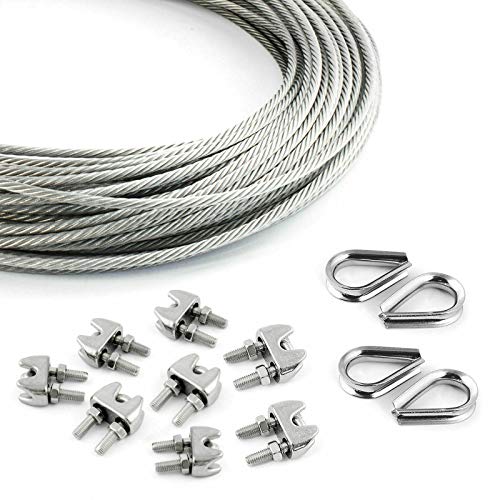 DQ-PP STAHLSEIL SET | 4mm | 20m | 8 x Seilklemmen 4mm | 4 x Kauschen 4mm | Edelstahl INOX | 7x7 mittelweich | Drahtseil für Rankhilfe Rostfrei Seil Stahl Draht Forstseil Windenseil von DQ-PP