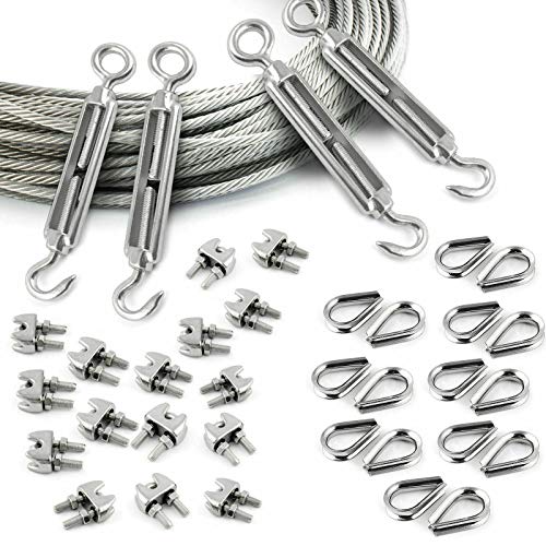 DQ-PP STAHLSEIL SET | 5mm | 10m | 16 xklemmen 5mm | 4 x Spannschloss M5 Haken – Öse | 16 x Kauschen 5mm | Edelstahl INOX | 7x7 mittelweich | Drahtseil für Rankhilfe Rostfrei Stahl Draht Forstseil von DQ-PP