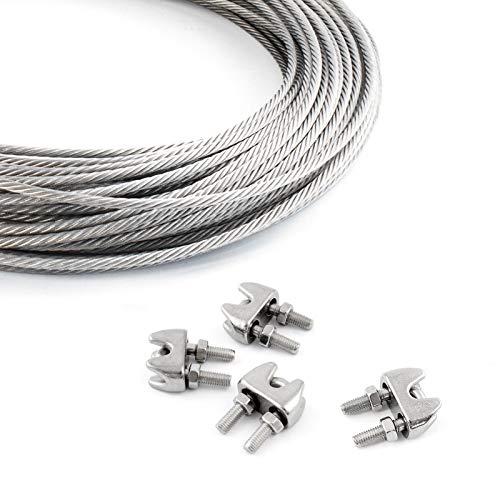 DQ-PP STAHLSEIL SET | 5mm | 20m | 4 x Seilklemmen Bügel 5mm | Edelstahl INOX | 7x7 mittelweich | Drahtseil für Rankhilfe Rostfrei Seil Stahl Draht Forstseil Windenseil Spannseil Geländerseil von DQ-PP