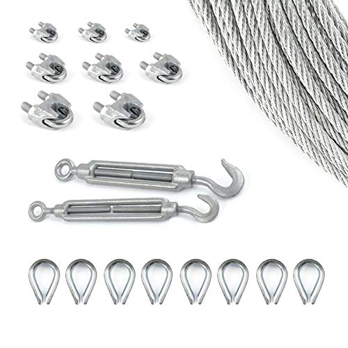 DQ-PP Stahlseil Set 10 | 3mm 6x7 Mittelweich | 10 Meter | Stahl Verzinkt | 8x Kauschen | 2x Spannschloss Haken-Öse M5 | 8x Seilklemmen Bügel | Drahtseil für Rankhilfe Seil Draht Forstseil DQ-PP Stahlseil Set 10 | 3mm 6x7 Mittelweich | 10 Meter | Stahl Verzinkt | 8x Kauschen | 2x Spannschloss Haken-Öse M5 | 8x Seilklemmen Bügel | Drahtseil für Rankhilfe Seil Draht Forstseil von DQ-PP