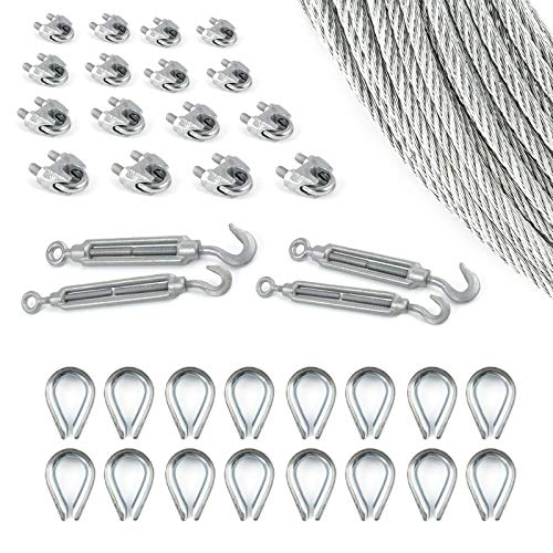 DQ-PP Stahlseil SET 11 | 3mm 6x7 mittelweich | 50 Meter | Stahl verzinkt | 16x Kauschen 3mm | 4x Spannschloss Haken-Öse M5 | 16x Seilklemmen Bügel 3mm | Drahtseil für Rankhilfe Seil Draht Forstseil von DQ-PP