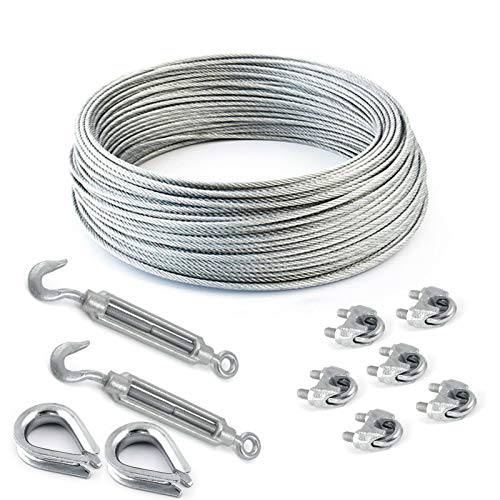 DQ-PP Stahlseil SET 5 | 8mm 6x19 weich | 30 Meter | Stahl verzinkt | 2x Kauschen 8mm | 2x Spannschloss Haken-Öse M5 | 6x Seilklemmen Bügel 8mm | Drahtseil für Rankhilfe Seil Stahl Draht von DQ-PP