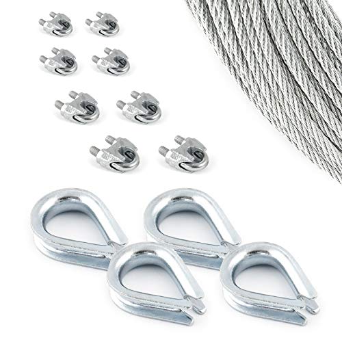 DQ-PP Stahlseil SET 7 | 8mm 6x19 weich | 100 Meter | Stahl verzinkt | 4x Kauschen 8mm | 8x Seilklemmen Bügel 8mm | Drahtseil für Rankhilfe Seil Draht Forstseil von DQ-PP