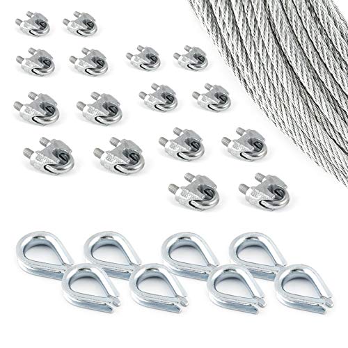 DQ-PP Stahlseil SET 8 | 6mm 6x19 weich | 20 Meter | Stahl verzinkt | 8x Kauschen 6mm | 16x Seilklemmen Bügel 6mm | Drahtseil für Rankhilfe Seil Draht Forstseil von DQ-PP