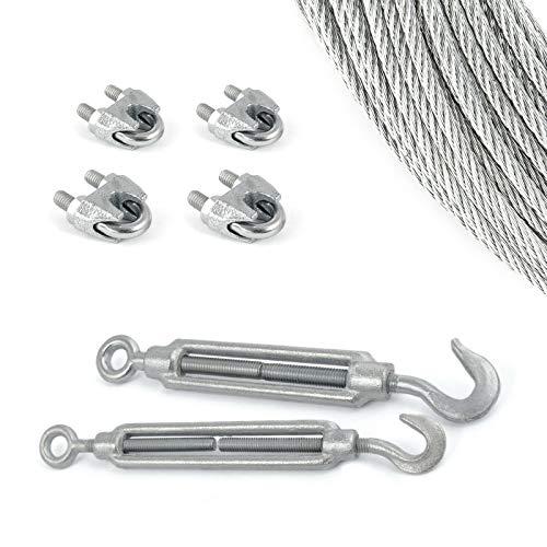 DQ-PP Stahlseil SET 9 | 4mm 6x7 mittelweich | 10 Meter | Stahl verzinkt | 2x Spannschloss Haken-Öse M5 | 4x Seilklemmen Bügel 5mm | Drahtseil für Rankhilfe Seil Draht Forstseil von DQ-PP