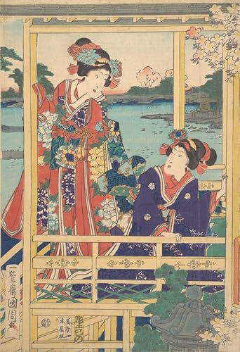 DQCJIYIGL Berühmte Gemälde Leinwand Plakat Abstrakter Druck Zwei Schönheiten im Frühlingsgarten mit Teich von Toyohara Kunichika Tier Poster für Heimtextilien 60x90cm von DQCJIYIGL