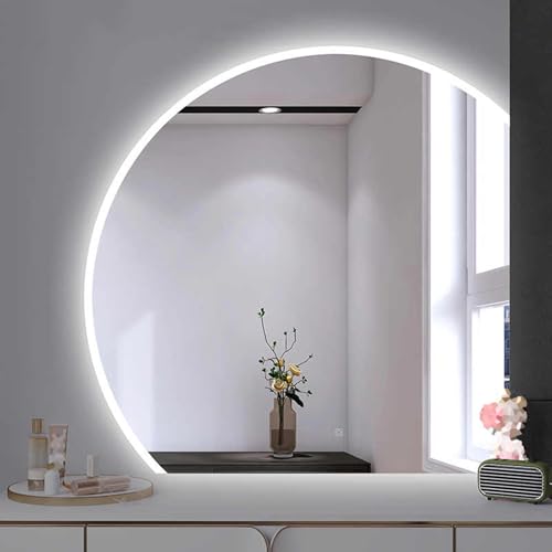 LED Beleuchteter Badezimmerspiegel Mit 3 Farben Dimmbar + Anti-Beschlag, Unregelmäßiger Halbkreisförmiger Wandspiegel, Linker Schnitt, Rechter Schnitt, Schminkspiegel M(Size:80CM,Color:Rechts Cut) von DQRMVV
