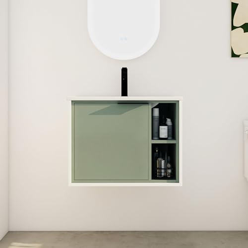 DQSPDBD Badezimmer-Waschtisch mit Waschbecken, modernes schwimmendes Waschtisch-Set für kleinen Raum, luxuriöser Wandschrank mit Keramikbecken und rundem Metallgriff von DQSPDBD