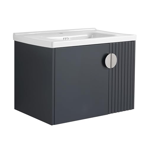 DQSPDBD Badezimmer-Waschtisch mit Waschbecken, modernes schwimmendes Waschtisch-Set für kleinen Raum, luxuriöser Wandschrank mit Keramikbecken und rundem Metallgriff von DQSPDBD